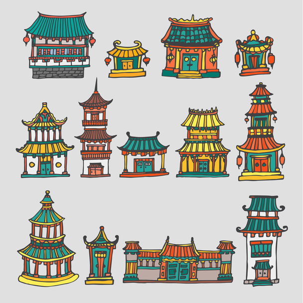 Renkli vektör Asya tapınaklar ve manor evleri - Vektör, Görsel