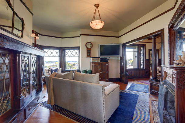 Authentic styled living room with royal blue rug. - Φωτογραφία, εικόνα