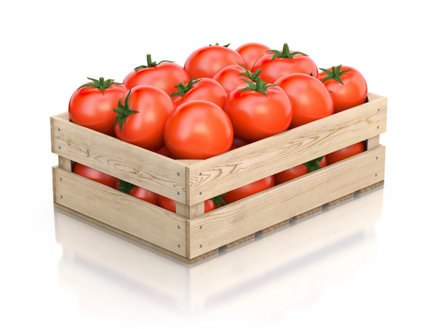 Tomates em caixa de madeira
 - Foto, Imagem