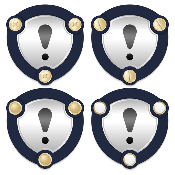 Set of four abstract icons with golden screws and exclamation ma - Вектор,изображение