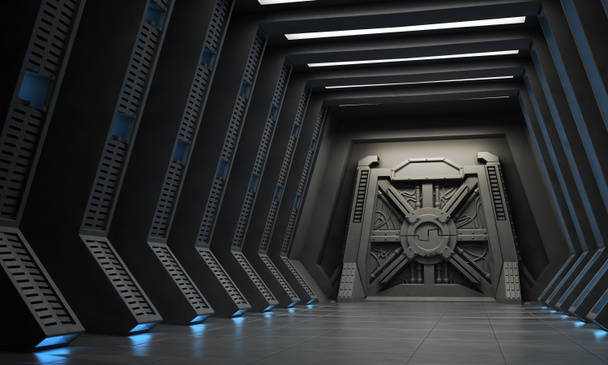 Science fiction interior - a hallway with reinforced gate. - Photo, Image