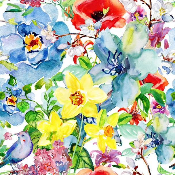 花と鳥のシームレスな壁紙 - 写真・画像