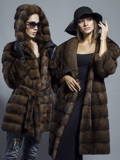 Fashion shot of two elegant beautiful girls (brunette and blonde) in studio on grey background wearing sunglasses, black hat and furs coat . Shopping inspiration - Photo, Image