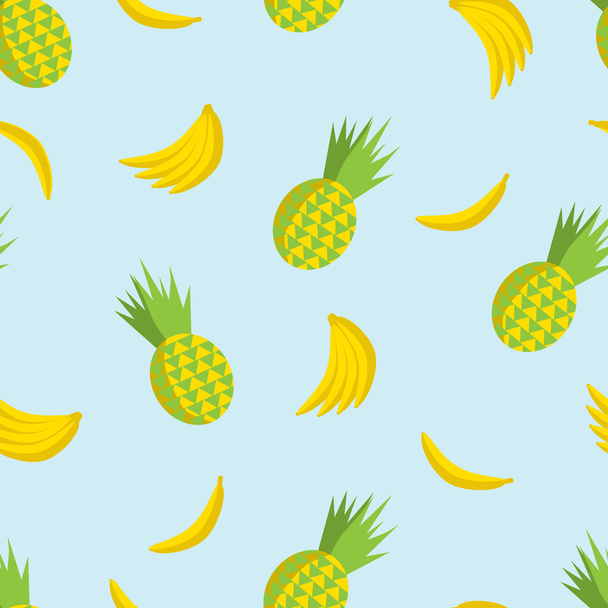 Векторний літній безшовний візерунок з ананасами та бананами на м'якому синьому фоні. Плоска ілюстрація тропічних фруктів
. - Вектор, зображення