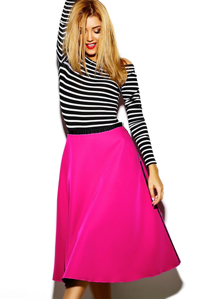 Funny crazy glamor stylish sexy smiling beautiful blond young woman model in pink hipster clothes in studio - 写真・画像