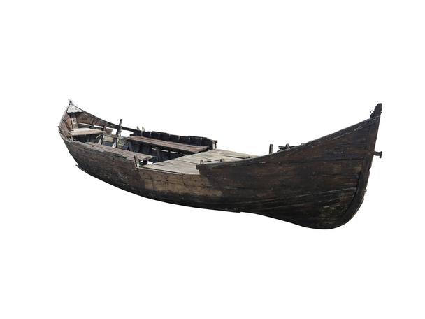 Винтажная старая поврежденная лодка изолирована над белым
 - Фото, изображение