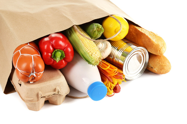 Kağıt torba gıda ile yakın çekim - Fotoğraf, Görsel