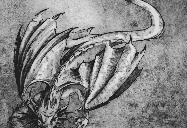 modern dragon  on vintage paper, handmade - Фото, изображение