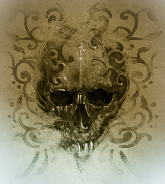Tattoo skull over vintage paper - Fotografie, Obrázek