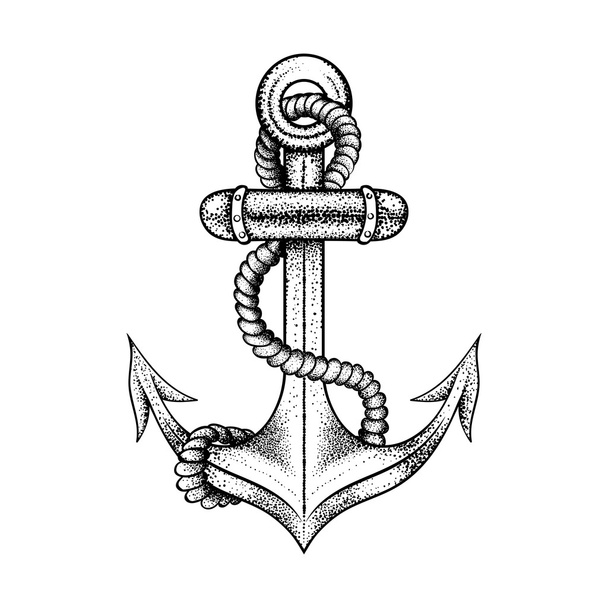Hand drawn elegant ship sea anchor with rope, black sketch for t - ベクター画像