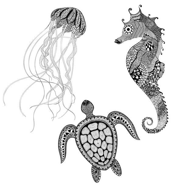 Zentangle stilisierte schwarze Schildkröte, Seepferdchen und Quallen. Hand d - Vektor, Bild