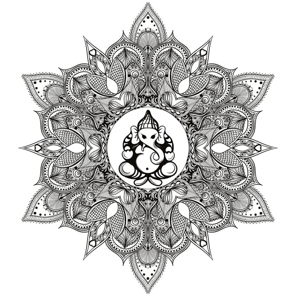 Zentangle stylized Round Indian Mandala with Hindu Elephant God  - ベクター画像