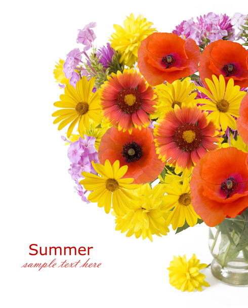 Lato kwiatów bukiet waza i owoce na białym tle. Aster, makiem i cosmos bukiet kwiatów - Zdjęcie, obraz