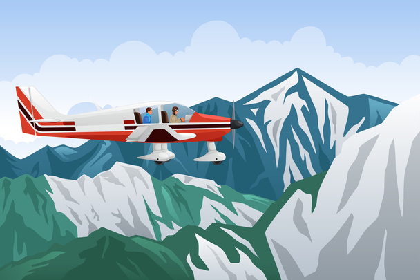 Kis repülőgép repül át a hegyek - Vektor, kép