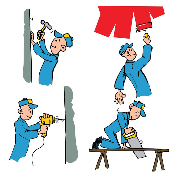 Conjunto de desenhos animados de trabalhador fazendo diferentes tarefas DIY
 - Vetor, Imagem