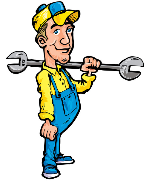 Cartoon loodgieter houden een hulpmiddel - Vector, afbeelding