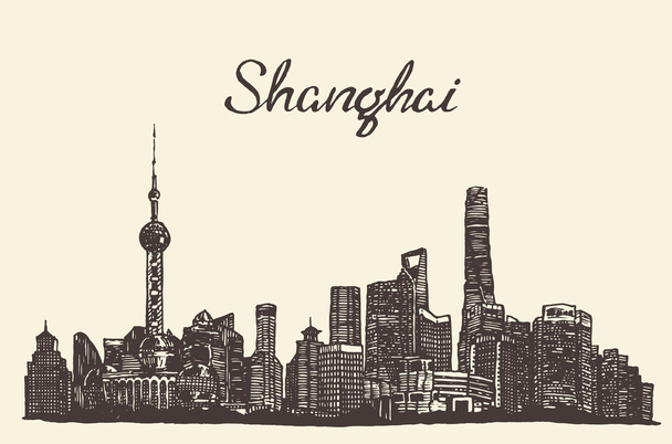 Shanghai skyline vector engraved drawn sketch - ベクター画像
