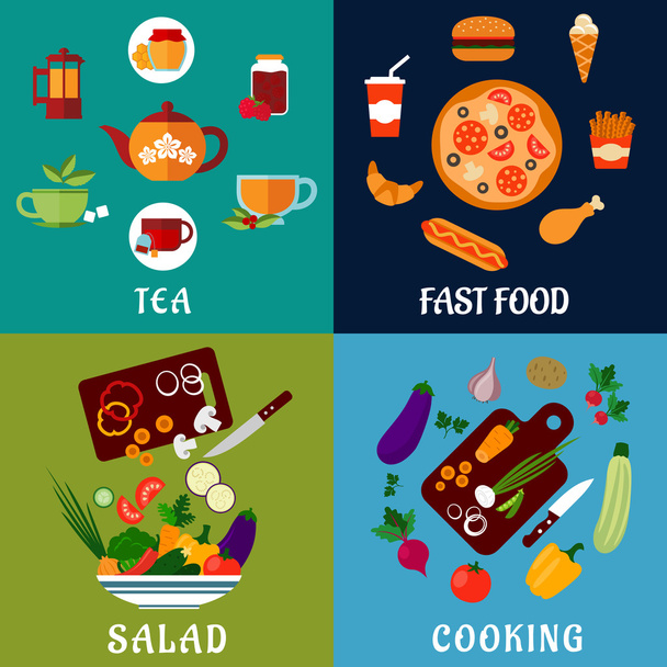 Iconos planos de comida rápida y saludable
 - Vector, Imagen
