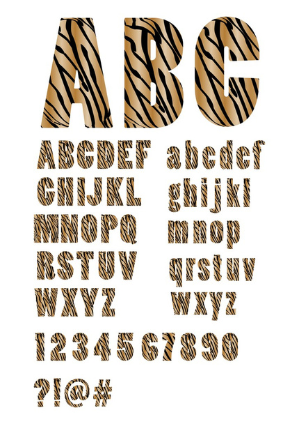 Alfabet w stylu tygrysa skóry, wielkich i małych liter, liczb, pytanie i wykrzyknik, znaków w i mieszania - Wektor, obraz
