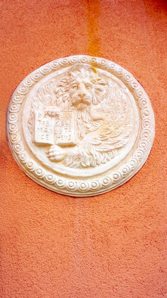 лев круглой формы барельеф искусства на стене оранжевого
 - Фото, изображение