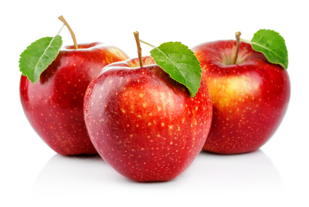 Três maçãs vermelhas com folha isolada em um branco
 - Foto, Imagem