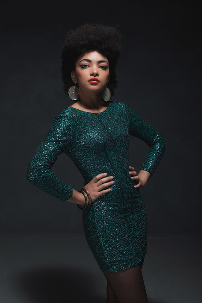 Woman Posing in Sparkling Green Dress - Photo, Image