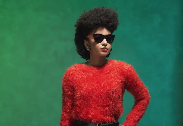 Woman in fuzzy red tops with sunglasses, - Fotoğraf, Görsel