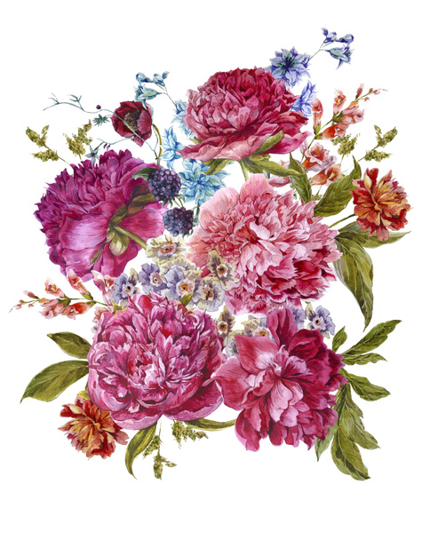 Акварельный цветочный букет с бургундскими пионами в винтажном стиле
 - Фото, изображение