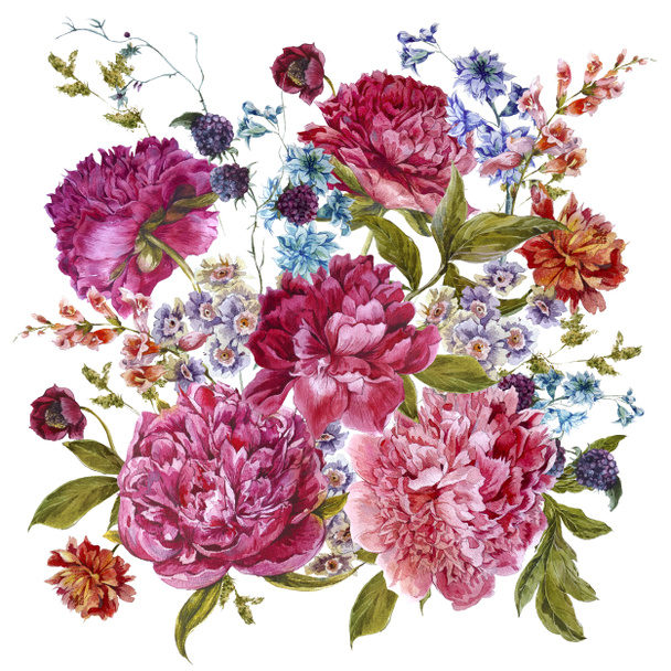 Akvarell csokor virág a bordó pünkösdi rózsa Vintage stílusban - Fotó, kép