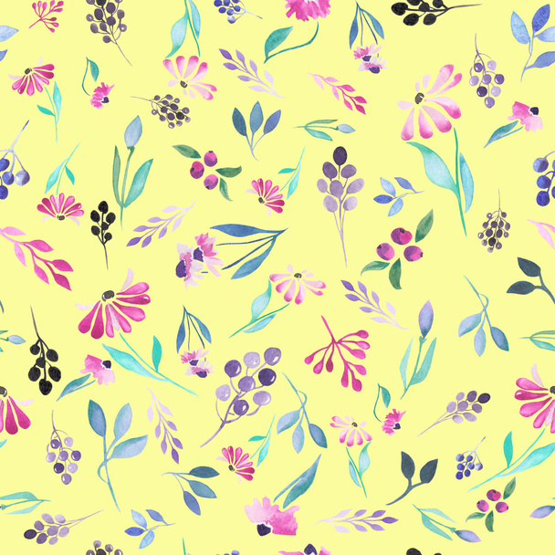 Seamless floral pattern with watercolor purple flowers, blue leaves and berries - Photo, Image