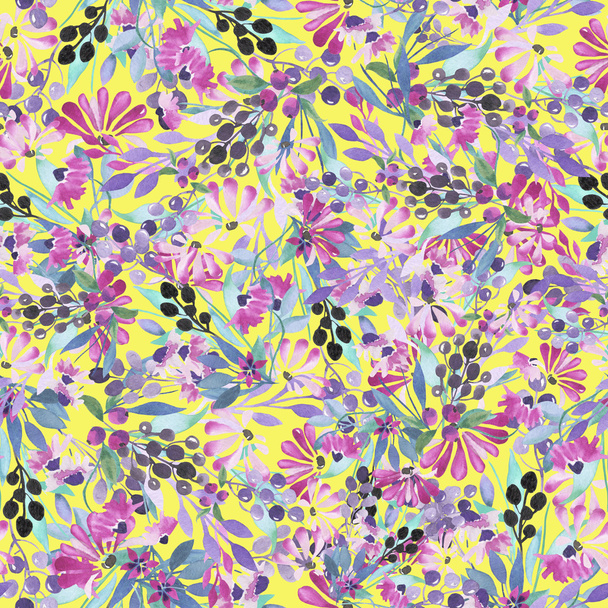 Seamless pattern of watercolor blue leaves, purple flowers and berries - Photo, Image