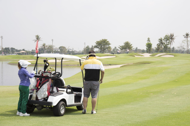 Golfer , Caddie and golf cart on the fairway  - Photo, Image