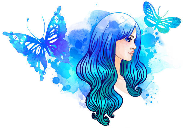 watercolor pretty girl and butterflies - Vektor, obrázek