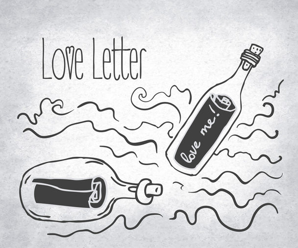 Love Letter: bottles with letter inside. - Vector, Image
