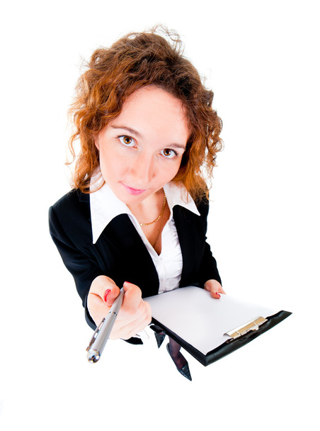 Businesswoman holds out a pen - Zdjęcie, obraz