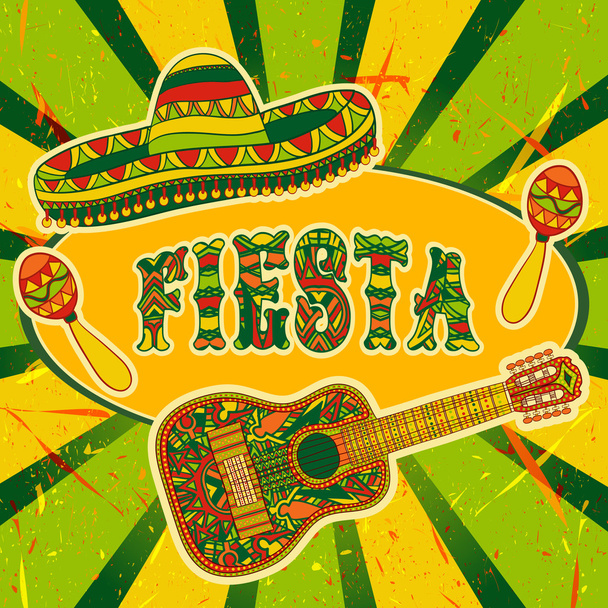 Mexican Fiesta Party Invitation with maracas, sombrero and guitar. Hand drawn vector illustration poster with grunge background - Διάνυσμα, εικόνα