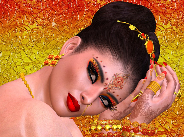 Gesicht einer exotischen Frau aus nächster Nähe, indisches, asiatisches oder nahöstliches Schönheitskonzept. - Foto, Bild