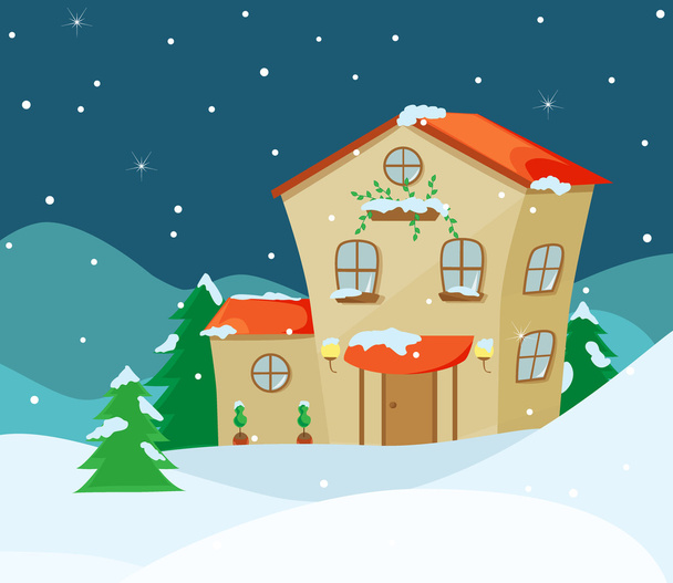 Cartoon house of a winter night landscape  - Vector, Image