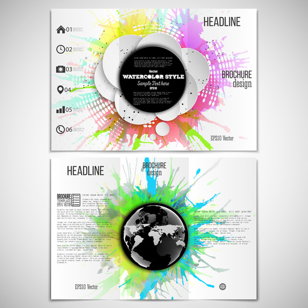 Vector set of tri-fold brochure design template on both sides with world globe element. Abstract circle black banners, watercolor stains and vintage style star burst, vector illustration - Вектор,изображение