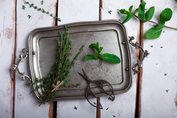 herbs thyme and mint on a tray - Fotoğraf, Görsel