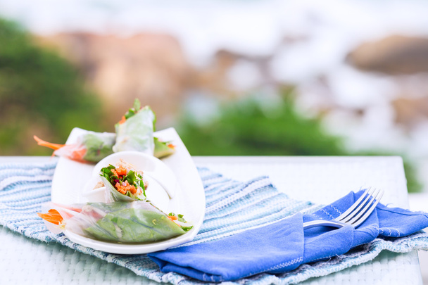 Involtini primavera vietnamiti con verdure e coriandolo su un piatto
 - Foto, immagini