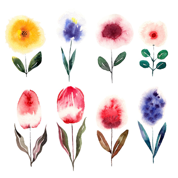 Watercolor cartoon flowers set. - Vector, afbeelding