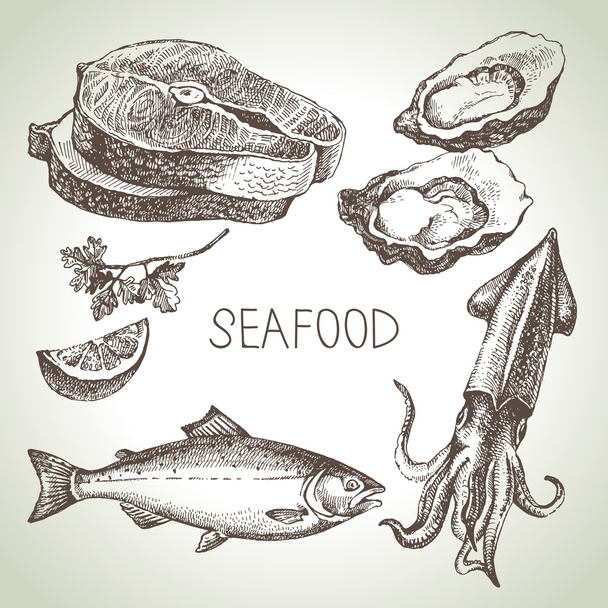 Hand drawn sketch set of seafood. - Vector, Image