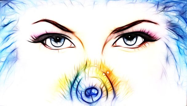 mulheres olhos olhando para cima misteriosamente por trás de um pequeno arco-íris colorido pena pavão. Contacto ocular
. - Foto, Imagem