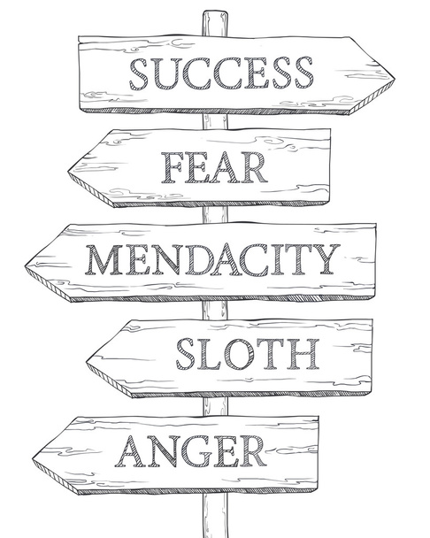 Koncept: Překážky k úspěchu. Strach, prolhanost, lenost, hněv. - Vektor, obrázek