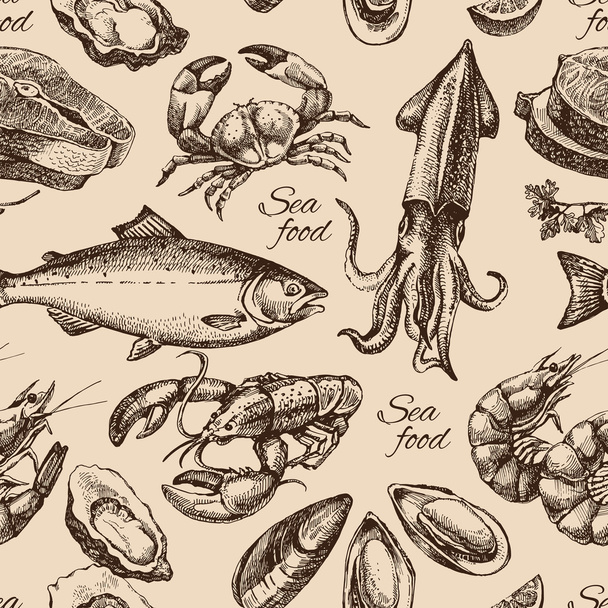 Hand drawn sketch seafood seamless pattern. - Vector, Image