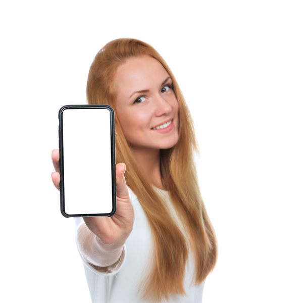 Young woman show display of mobile cell phone with blank screen - Φωτογραφία, εικόνα