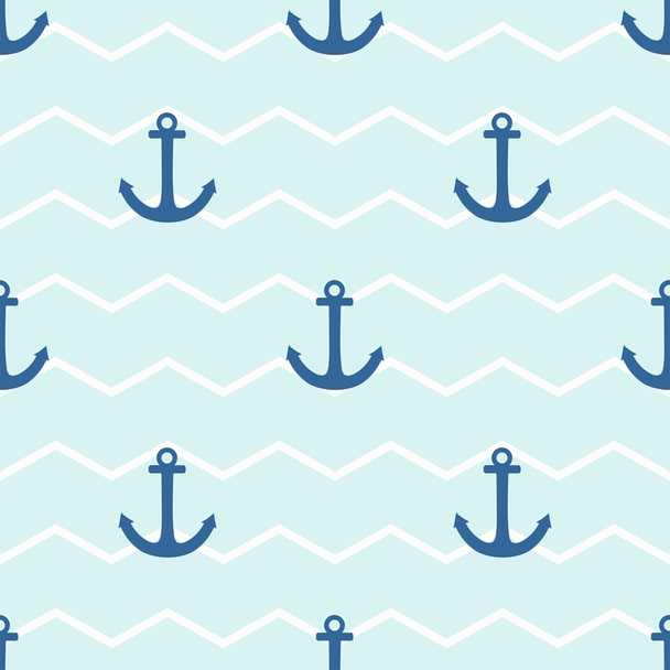 Tile sailor vector pattern with anchor on white and blue stripes background - Vetor, Imagem