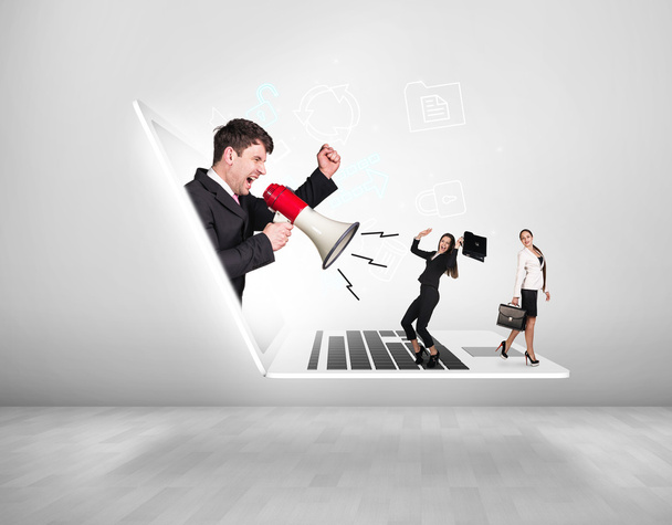 Businessman with megaphone get out of laptop - Photo, Image