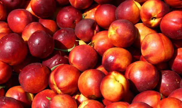 ripe nectarines background for sale at vegetable market in summe - Photo, Image